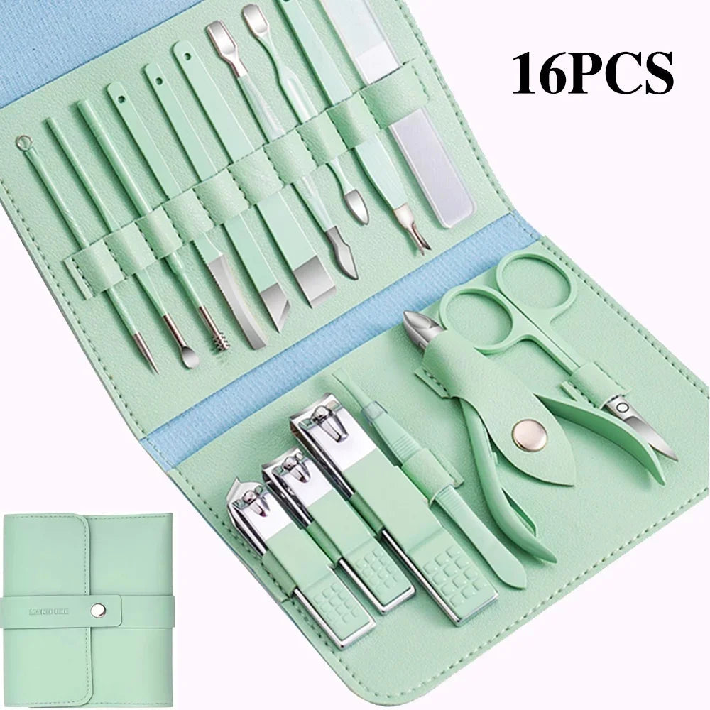 16 In 1 Nail Kit Manicure Cutters Nail Clipper Set Household Stainless Steel Ear Spoon Nail Clippers Pedicure Nail Scissors Tool Set (random Color)